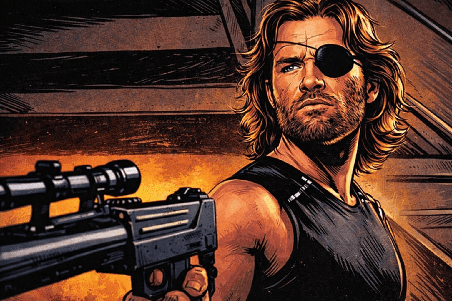 A rugged character with long hair and an eye patch, holding a gun against a dramatic background