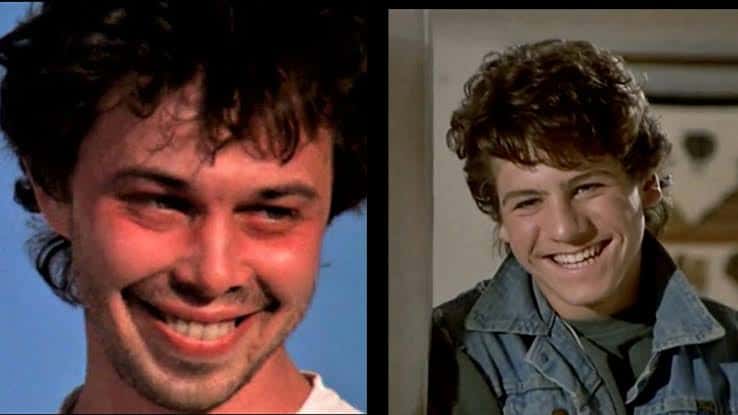 Booger from "Revenge of the Nerds" smiling on the left, Buddy from "The Flamingo Kid" smiling on the right